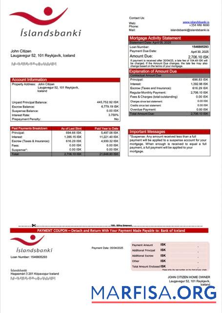 Downloadable Iceland Bank of Iceland (Íslandsbanki) mortgage statement Word and PDF template